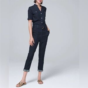 White House Black Market Blue short sleeve denim Jumpsuit with Belted Waist